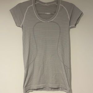 Black and white stripe Lululemon Swiftly Tech Short Sleeve Shirt